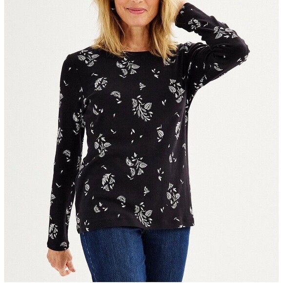 New Croft & Barrow Crew neck long sleeve Floral 100% cotton Tee top L Black - Picture 3 of 7
